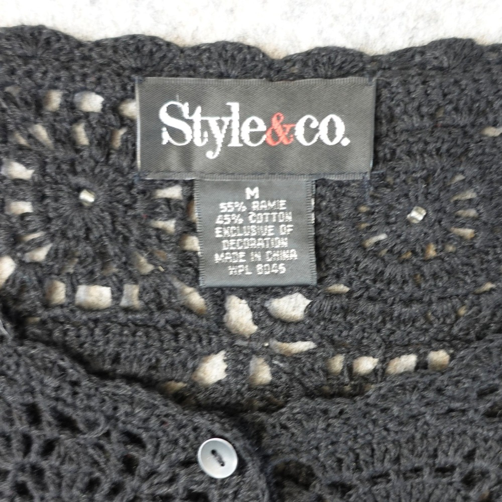 Vintage 90s Crochet Cardigan Womens Medium Black Beaded Granny Square Top Ramie - Picture 3 of 6